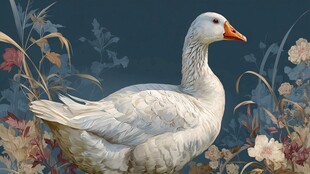 白鹅立于繁花丛中