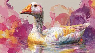 水彩画中优雅游弋的鹅