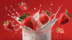 草莓溅入牛奶的动感瞬间