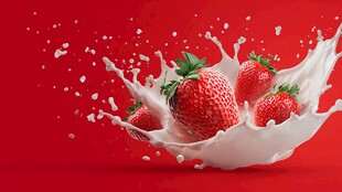 草莓跃入牛奶的动感瞬间
