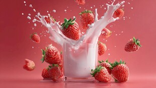 草莓溅入牛奶的动感瞬间