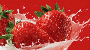 草莓溅入牛奶的动感瞬间