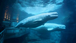 水族馆中悠游的两头白鲸