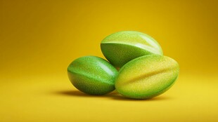 三个青绿色杨桃摆于黄背景