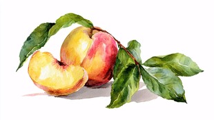 水彩绘鲜美桃子与绿叶