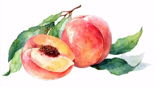 水彩绘鲜嫩桃子与绿叶