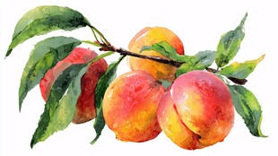 水彩绘鲜桃与绿叶