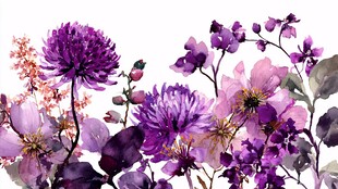 紫色花卉水彩画精美插画