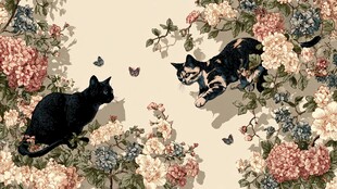 花丛中的黑猫与三色猫