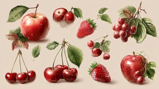 手绘多汁红透水果集合