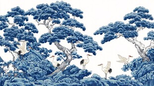 蓝白松鹤图