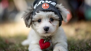 戴帽萌犬趴草地超可爱