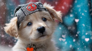 戴和平标志帽的可爱小狗