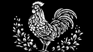 黑白雄鸡花卉装饰图案