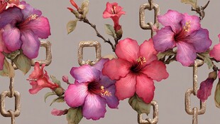 链条旁绽放的多彩木槿花