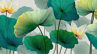 夏日荷塘荷叶荷花插画