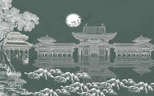 月夜下的中式古典园林景观